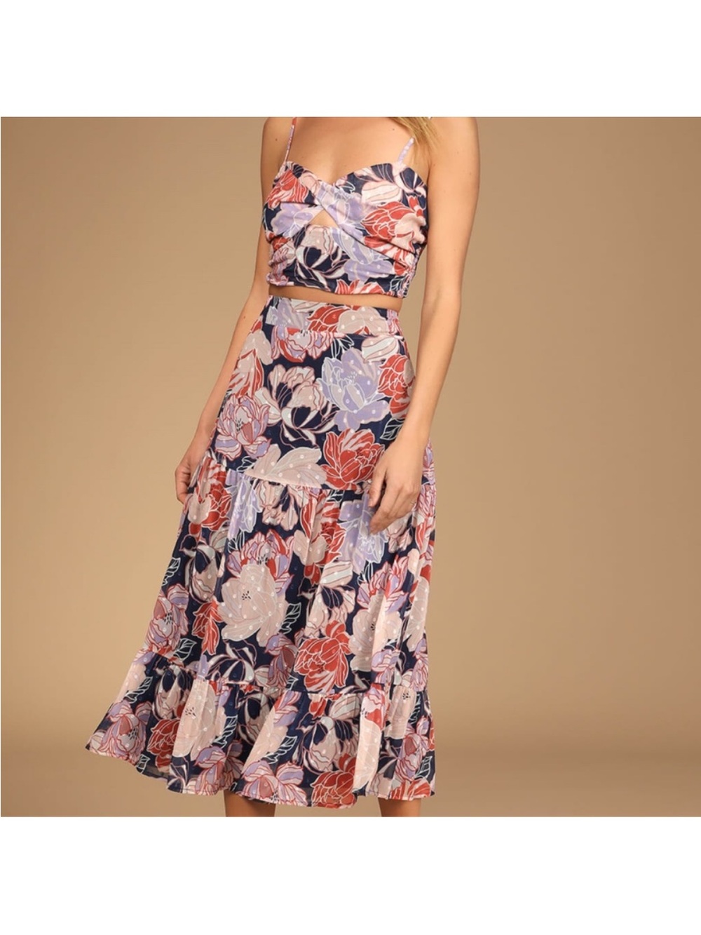 Lulu’s Two Piece Floral Tiered Midi Skirt in Multi-Color